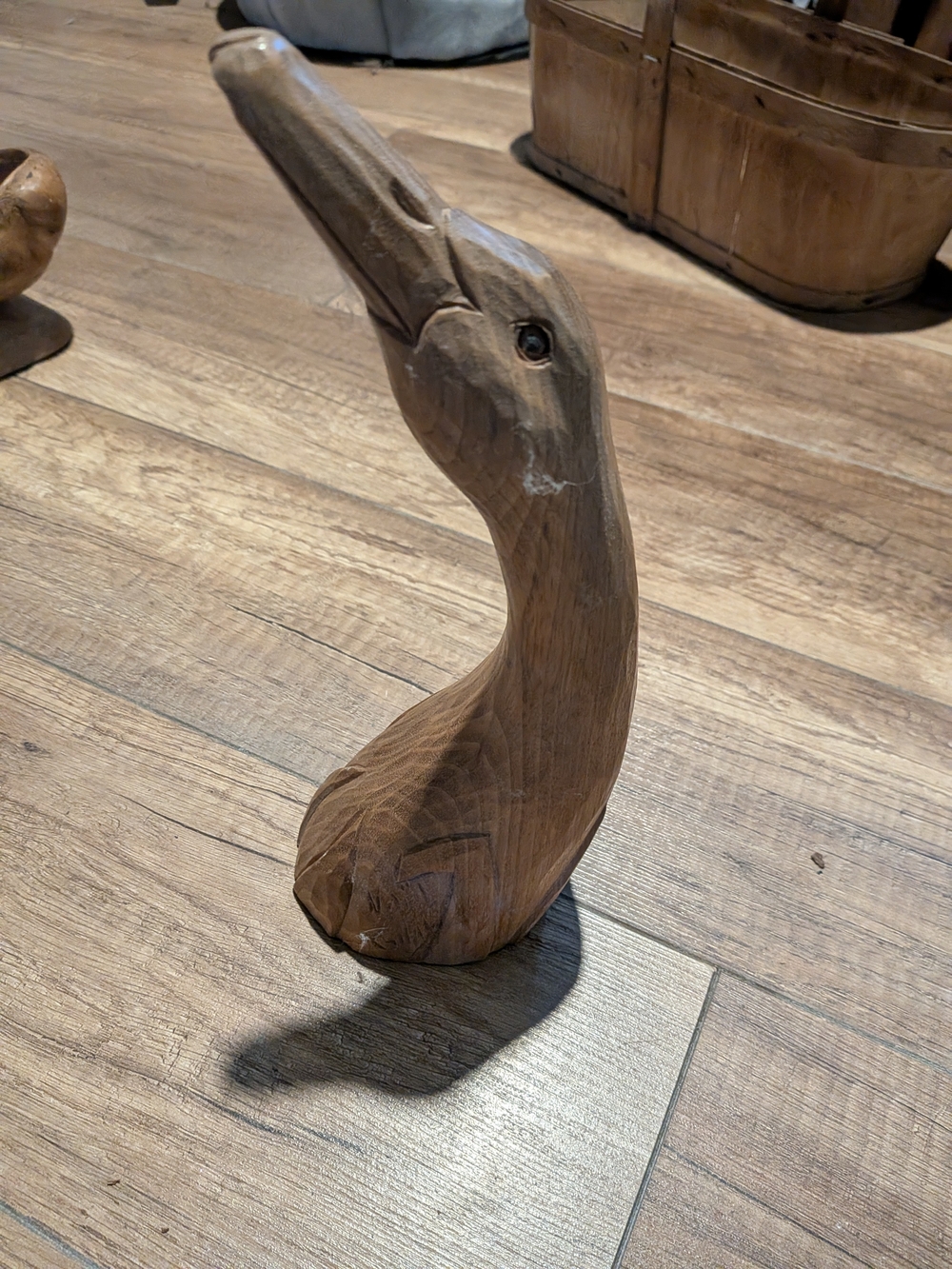 Hand-Carved Wooden Duck Sculpture - Natural Brown